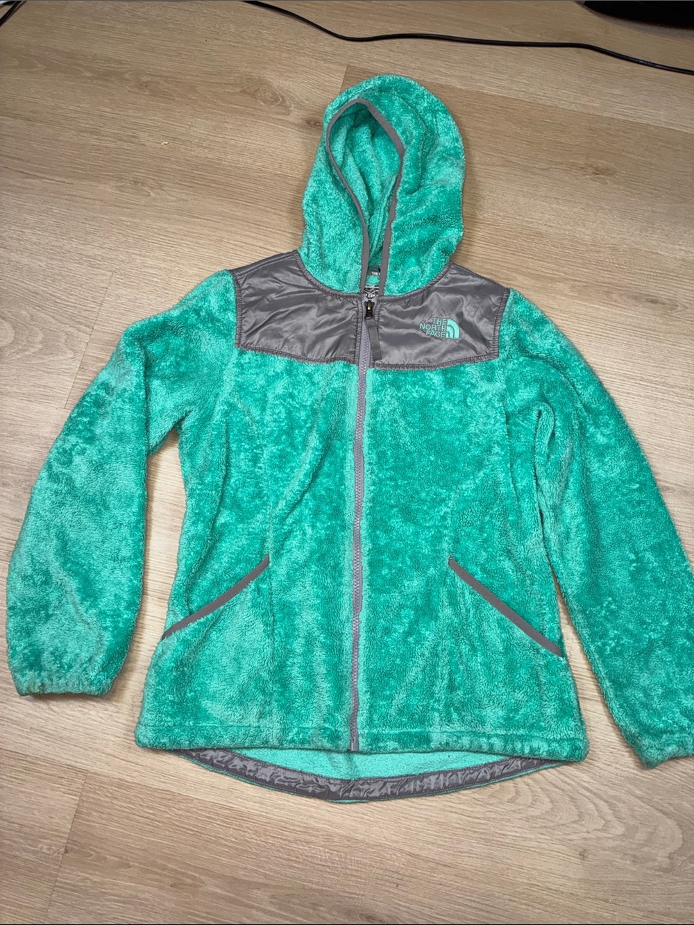 The North Face Girls' Teal Hooded Plush Fleece Jacket with Gray Details
